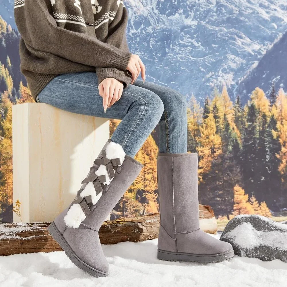 Women's Warm Mid Calf Boots Fuzzy Ladies Booties Classic Bow Tie Grey